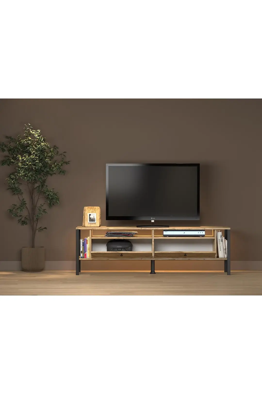 Roma Led Işıklı Özel Tasarım Metal Ayaklı Minifiksli Tv Ünitesi - Tv Sehpası 160 Cm